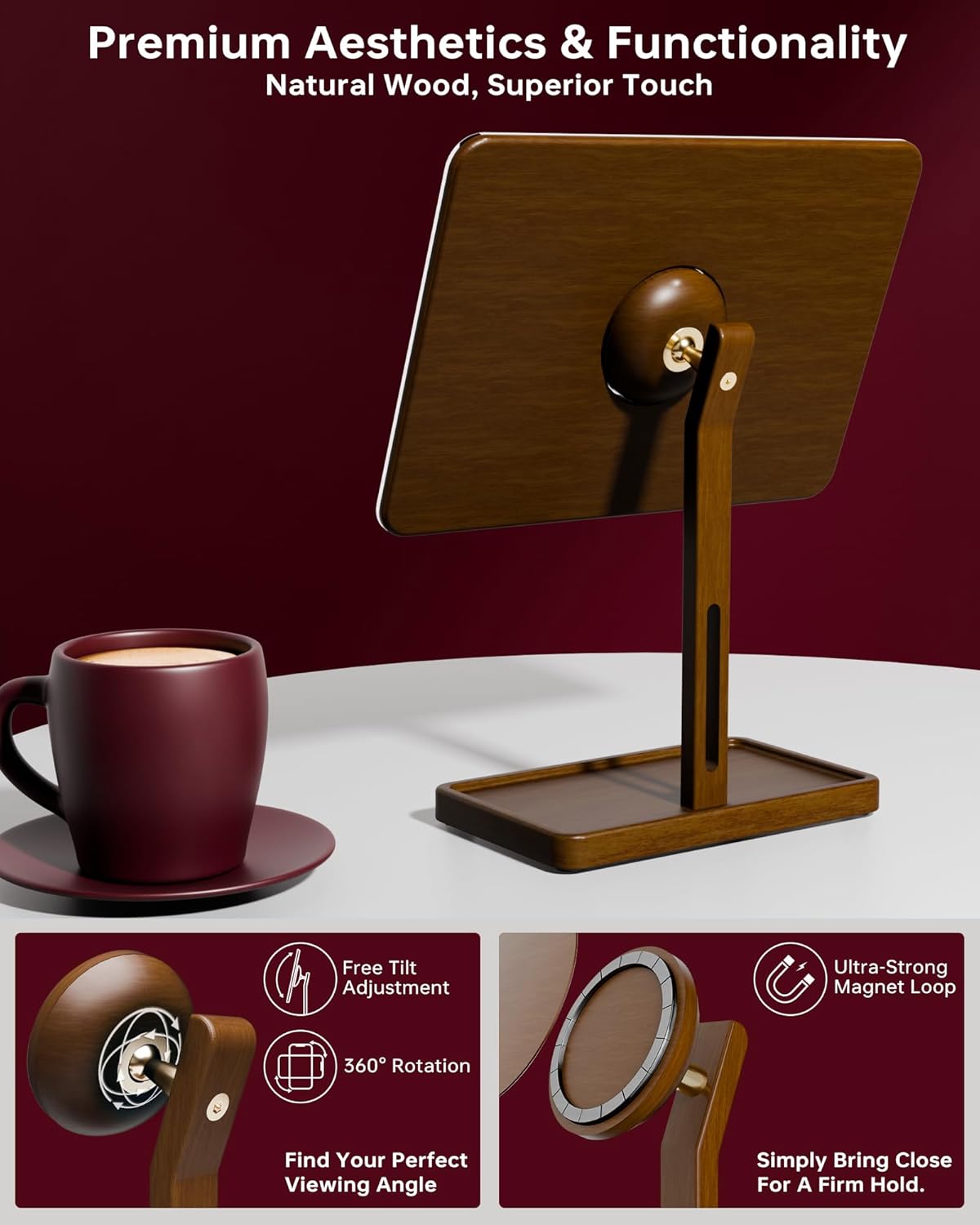 YEOUX Premium Desktop Glass Mirror, Dry Erase Board & Magnetic Phone Stand 3-in-1 | 360° Adjustable | Solid Wood | MagSafe Compatible, Small Whiteboard for Office Home Desk