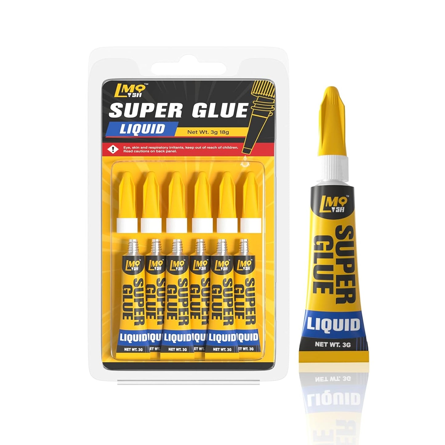 Super Glue 6x3g Liquid CA Glue, Clear Cyanoacrylate Adhesive Single Use for Shoe Sole Repair Ceramic Plastic Model Metal Wood Aquarium Leather Pottery Glass, Food Safe Strong and Instant Bonding