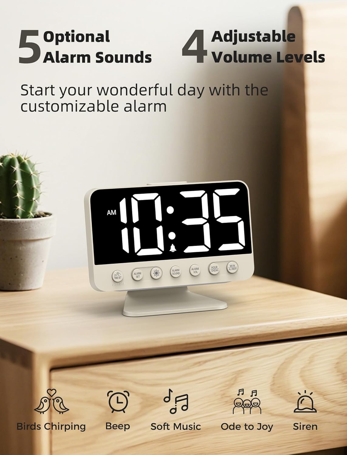 Digital Alarm Clocks for Bedrooms: Large Bold Number 5 Brightness Dimmer - Easy to Read Across The Room - 5 Alarm Sound 8 Night Light - Putty