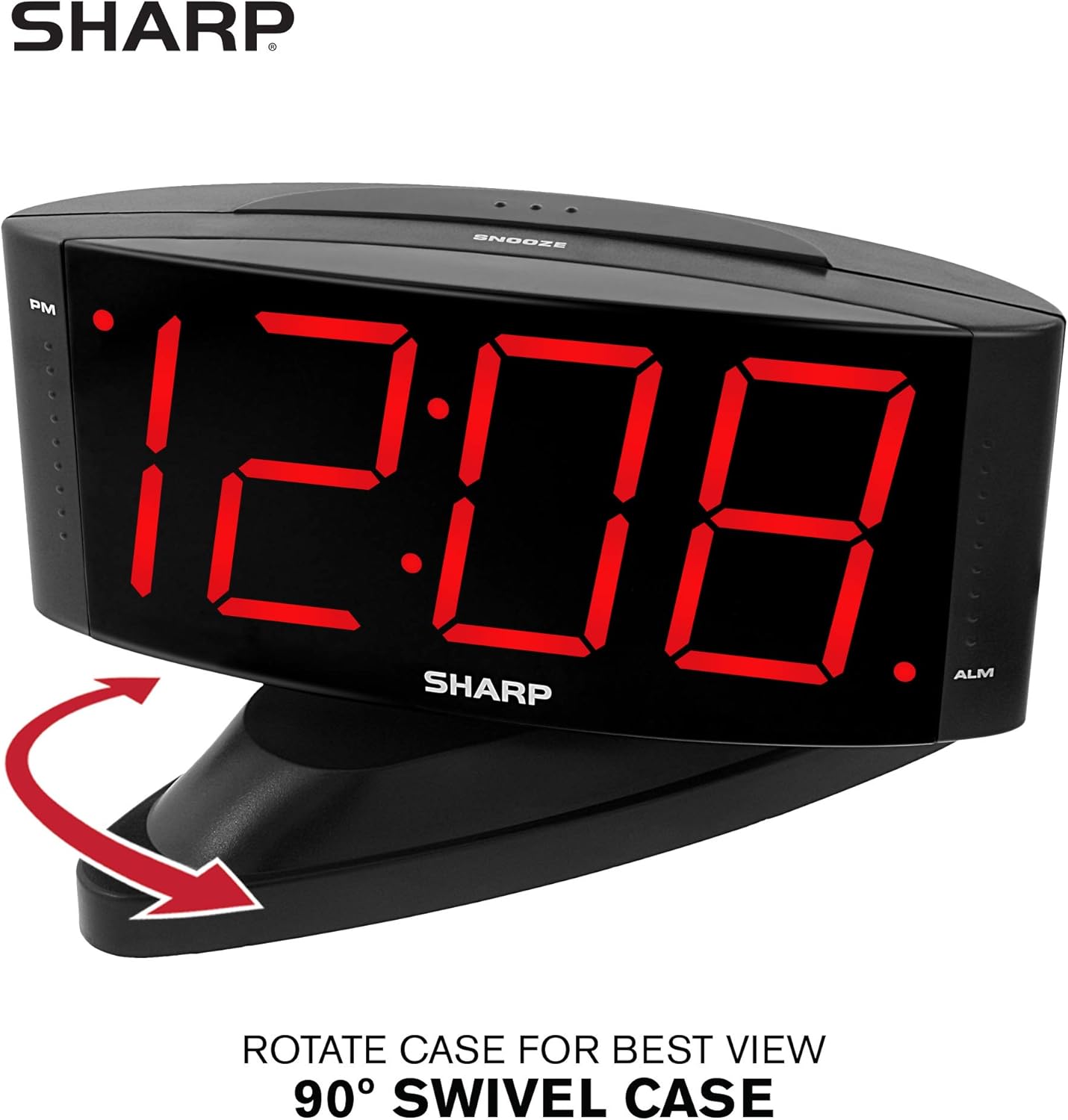 Sharp Home LED Digital Alarm Clock – Swivel Base - Outlet Powered, Simple Operation, Alarm, Snooze, Brightness Dimmer, Big Green Digit Display, (Midnight Black -Red LED)