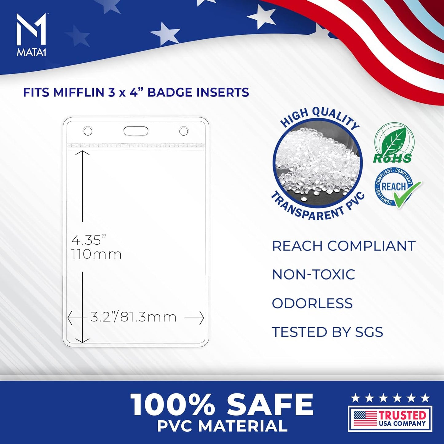 Mata1-USA Plastic Extra-Thick Vertical ID Card Holder (Clear, 3x4 Inch, 250 Pack), Large Size No Zipper Name Badge