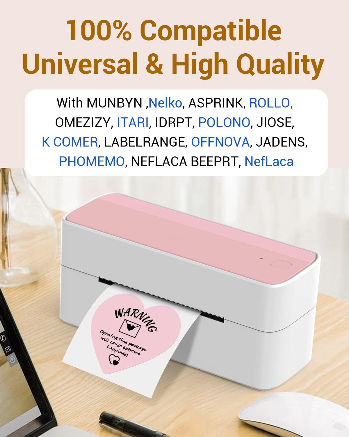 Phomemo 3" Pink Thermal Labels for Shipping Label Printer - Cute Label for Small Business Supplies - 500 Pink Labels/Roll, Cute Heart Stickers Roll for Custom Stickers Personalized & Business