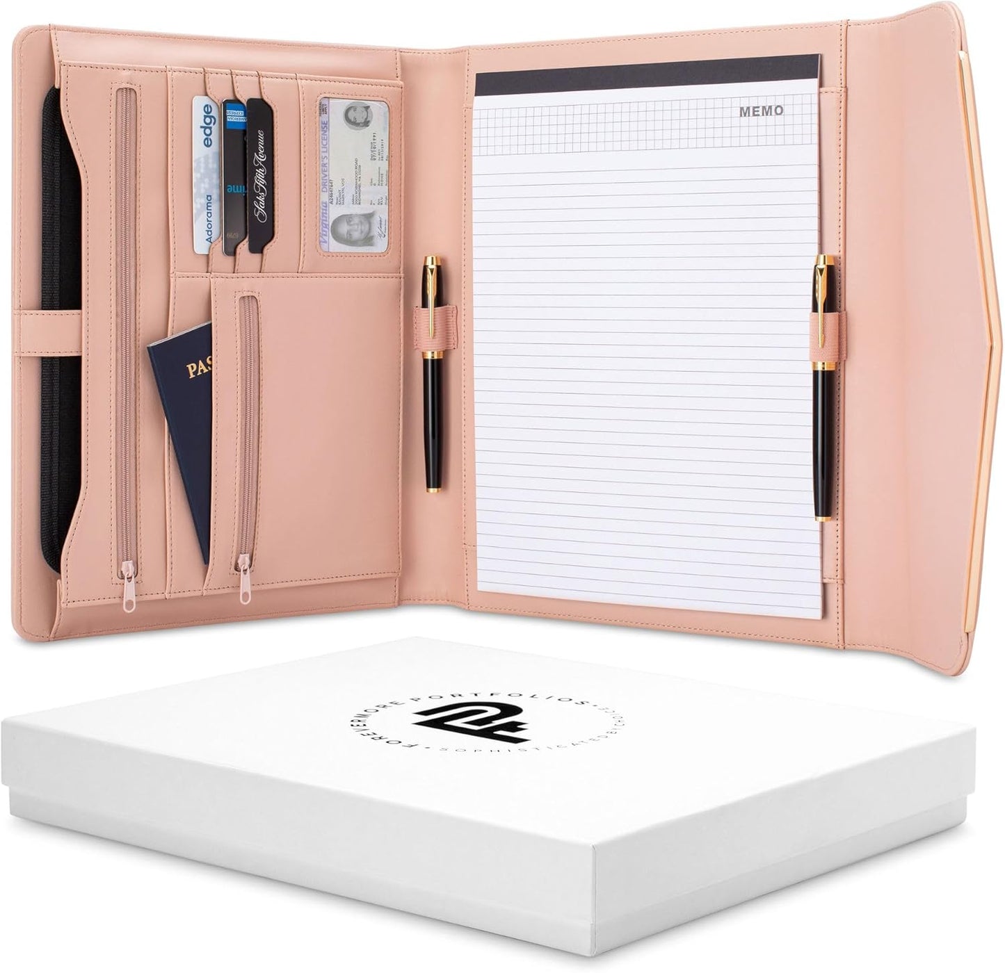 Padfolio Binder Organizer for Women | Faux Leather Portfolio Folder for Resume, Documents, Notebook, Tablet and Business Cards | Notepad Included - Pink with Gold Edge