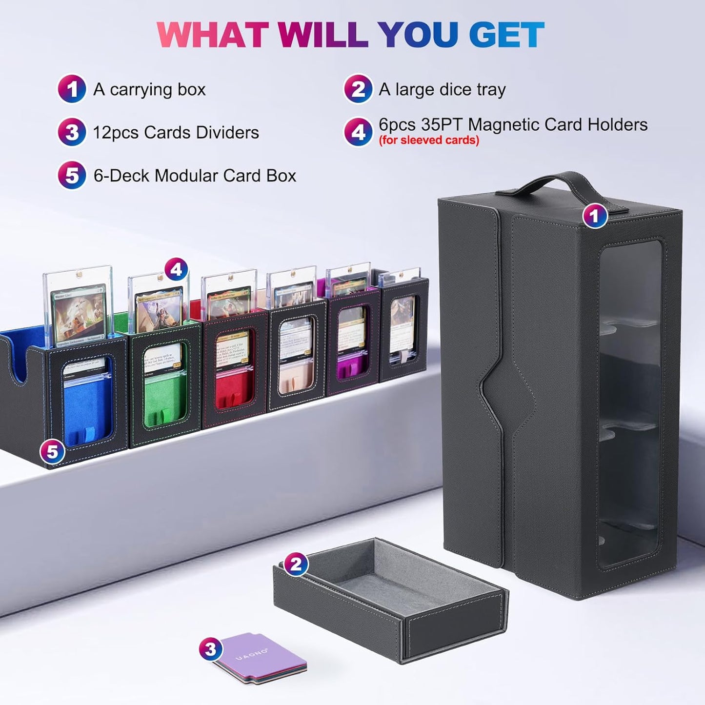 Commander Deck Box for MTG, 6-Deck Modular Card Case with Dice Tray Hold 600+ Double-sleeved Cards, Removable Trading Cards Storage Box with 35PT Magnetic Card Holders for TCG, Multicolour