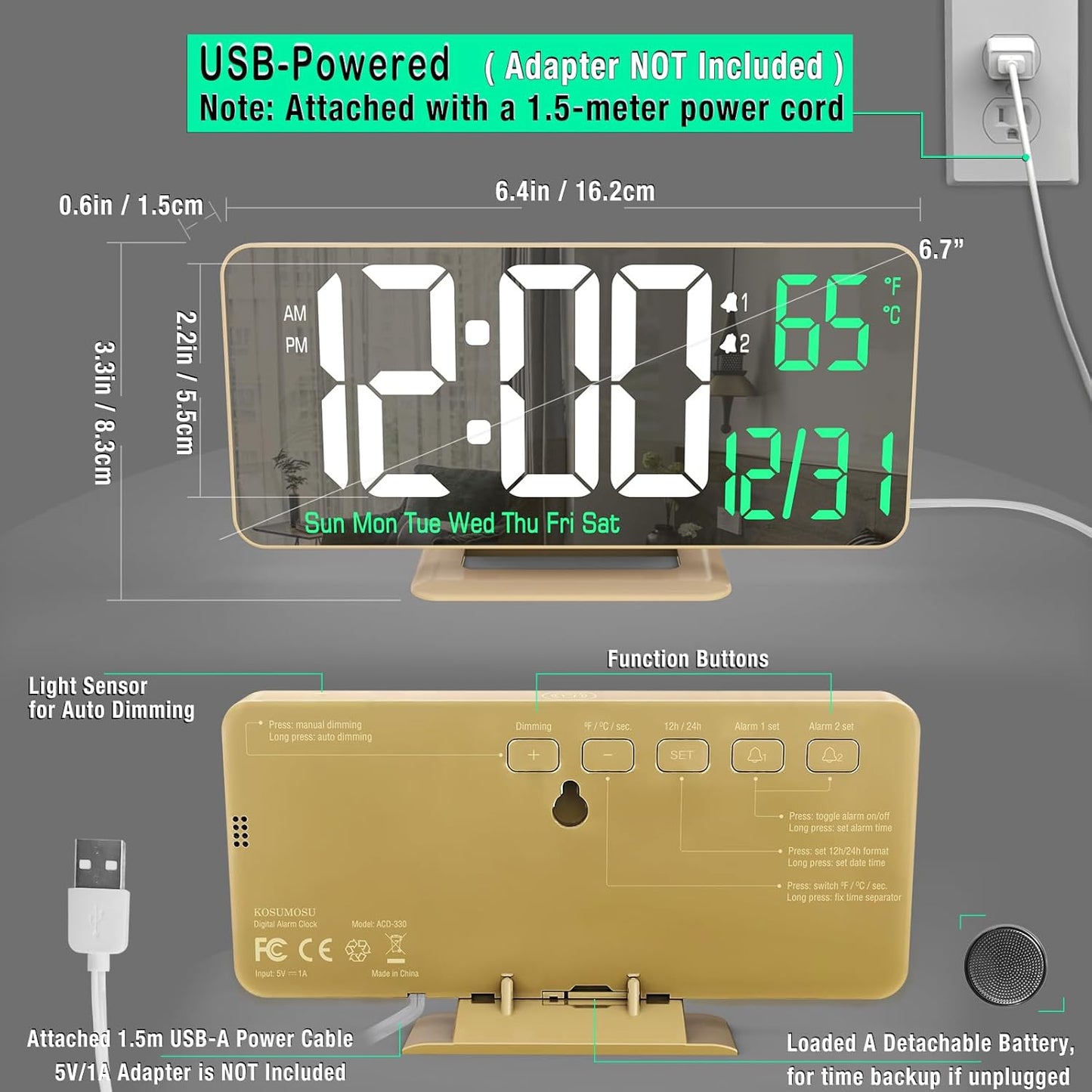 KOSUMOSU Desk Clock for Bedroom Accessories 6.7in Gold Digital Alarm Clock with Dimming,12/24h, Date, Day of Week, Temp, LED Clock, Modern Digital Calendar Clocks for Living Room Essentials