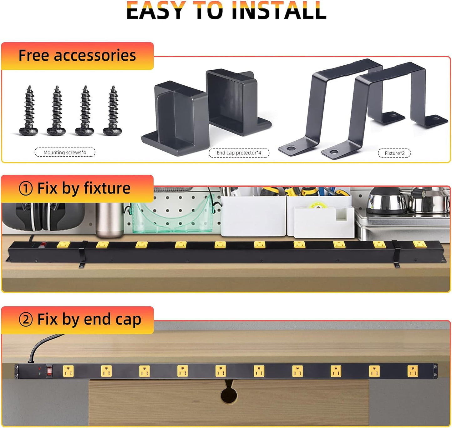 10 Outlet Long Power Strip Surge Protector, Heavy Duty Industrial Metal Power Strip 6 Feet, Wall Mountable, for Work Bench, Shop, Garage, Black (1000 Joules)