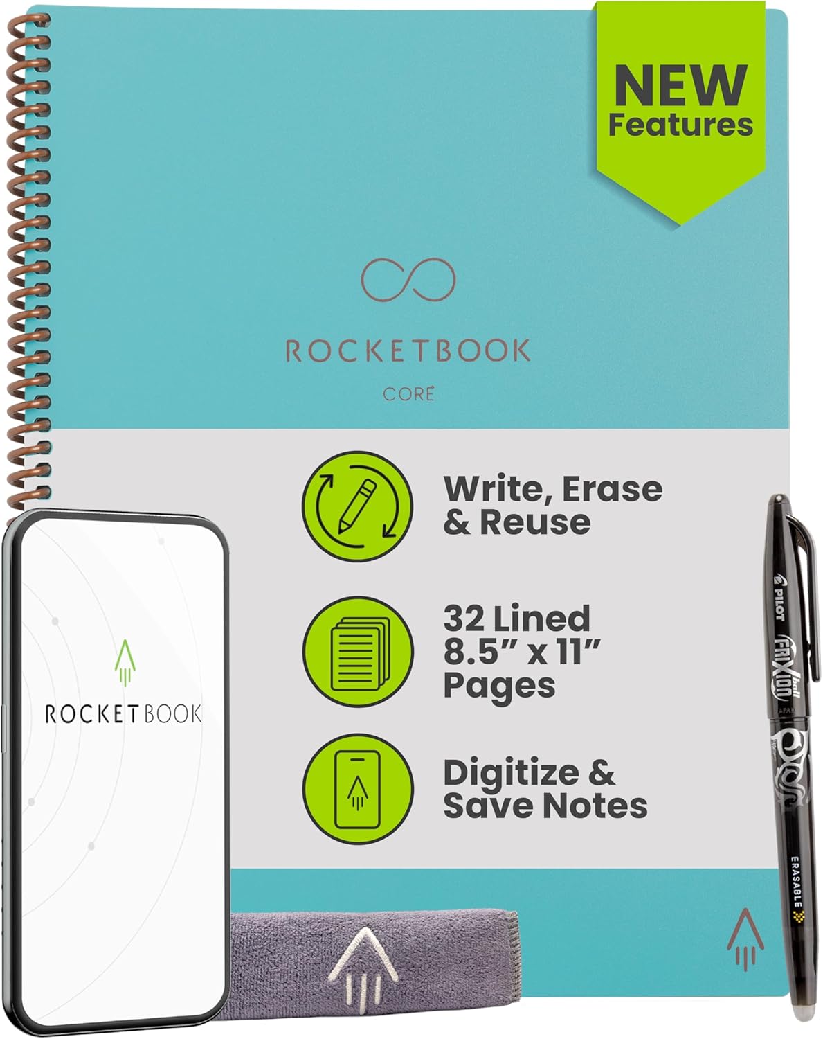 Rocketbook New Core Reusable Spiral Notebook, Letter Size 8.5x11, Teal - Lined Pages, App-Connected, Erasable, Durable Cover, Ideal for School, Work, and Creative Projects