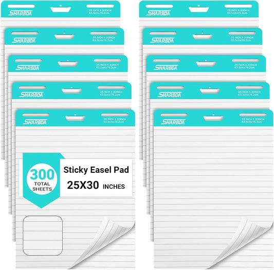 Lined Sticky Easel Pad, 25 in x 30 in,Flip Chart Paper,Sticky Chart Paper for Teachers, Large Self-Stick Easel Paper,Super Sticky & Bleed-Resistant,30 Sheets/Pad,10 Pads