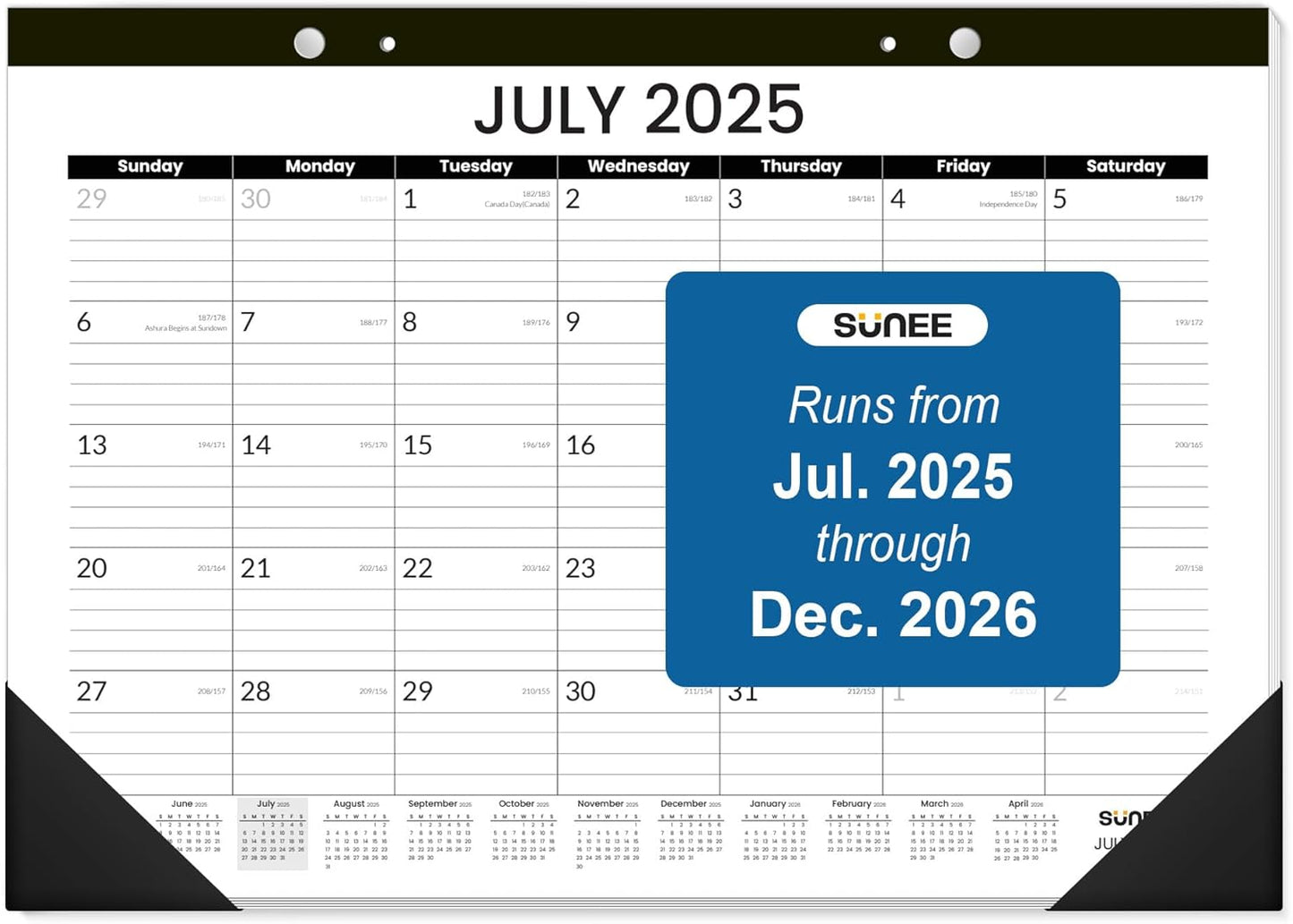 SUNEE Desk Calendar 2025-2026 17x12, 18 Months, JUL. 2025 - DEC. 2026, Academic Desk Blotter Calendar 2025-2026, School Year Large Calendar for Teacher, Black