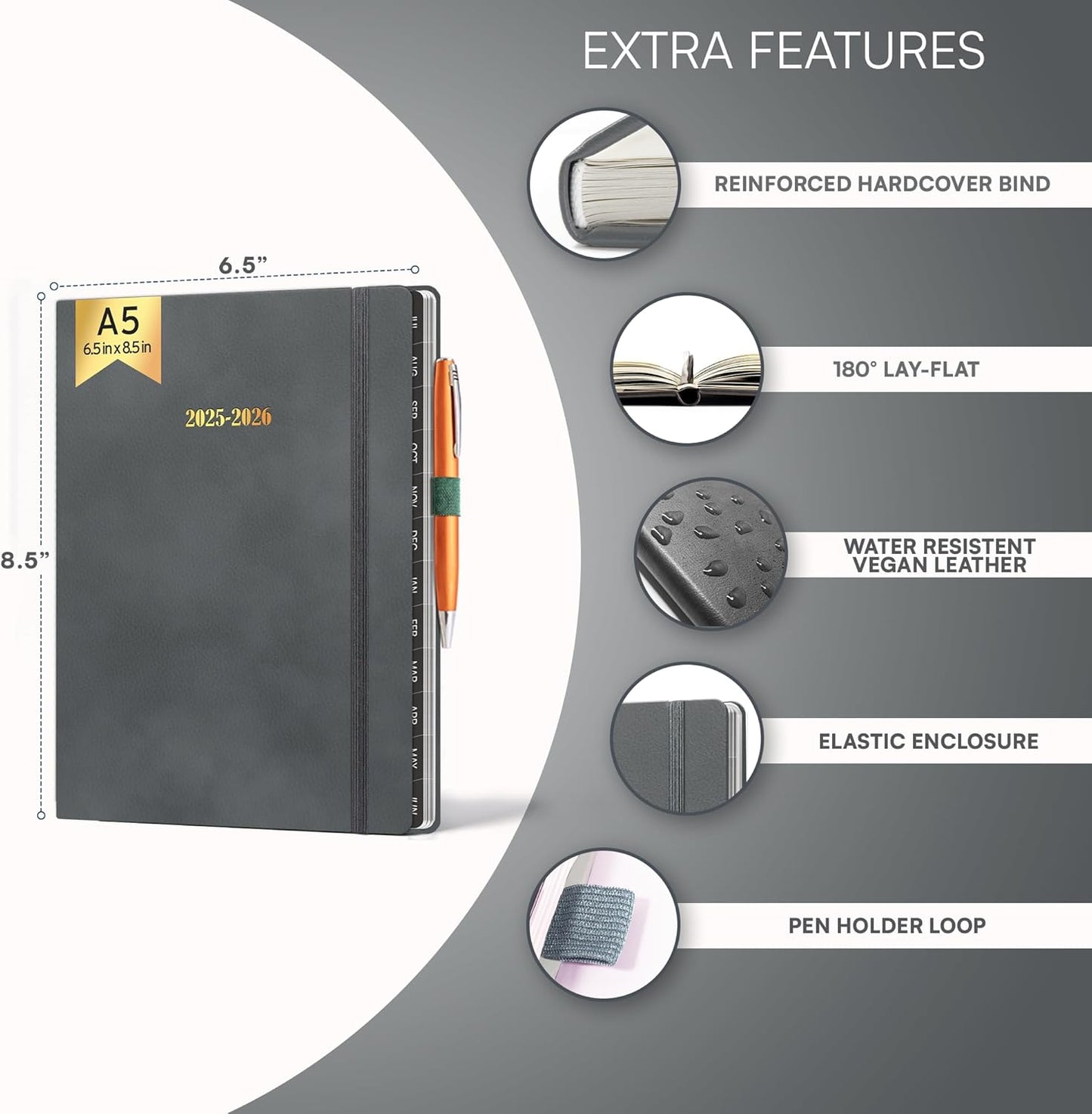 Ensight 2025-2026 HARDCOVER Leather Planner Weekly & Monthly - 6.5x8.5 Inches - Academic Planner Business Personal or Student - Pen Holder, Thick Paper, July 2025 - June 2026 (Grey)