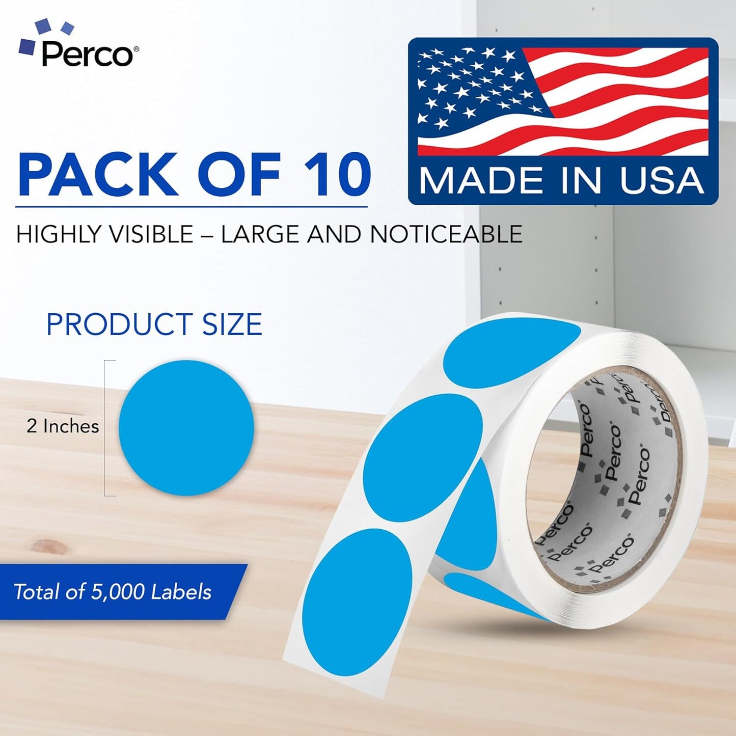 Perco Light Blue 2-Inch Perforated Circle Dot Sticker Labels — 10 Rolls, 5,000 Round Stickers — with Permanent Adhesive for Organizing, Color Coding, Bin Labeling, Packaging Alerts—Made in USA