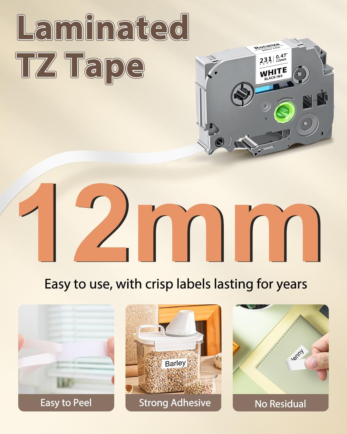 Replace for Brother Label Maker Tape TZe-231 TZe231 12mm 0.47 Laminated White Tz Tape Compatible with P Touch TZe 1/2" Black on White for PT-D220 D210 H110 D200 D400 1280 1880 D610BT Refills, 6-Pack