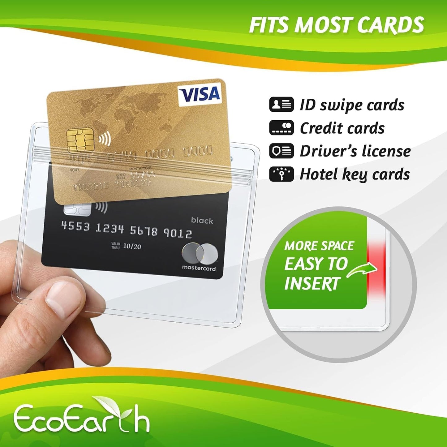 EcoEarth - Horizontal PVC Card Protector with Metal Clips and Vinyl Straps with Soft Edge - Sealable Fits 4x3 inch Inserts - Clear, 10 Pack - Waterproof ID Holder Bulk - ID Card Holder
