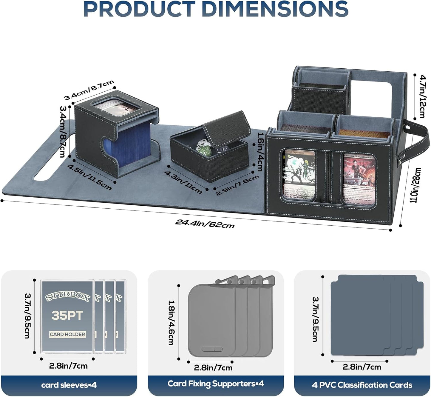 Trading Card Storage Box for MTG, card storage box with Commander Display，Multi-purpose Deck Case for MTG TCG Sports Card, 4 Toploaders, 4 Stoppers, 4 Colorful Dividers (Black & Grey)