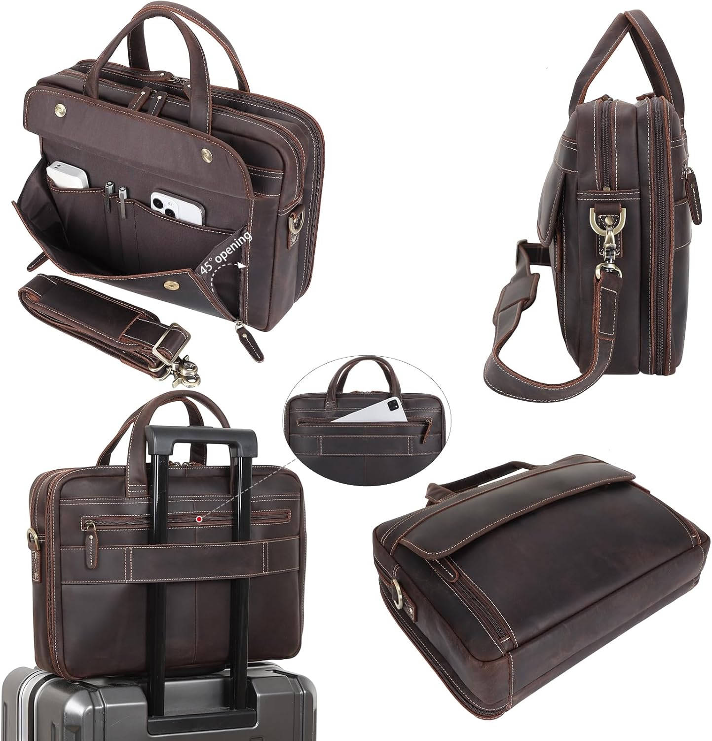 Masa Kawa Leather Briefcase for Men 15.6", 17" Laptop Computer Case Business Travel Work Messenger Cross Body Shoulder Bag