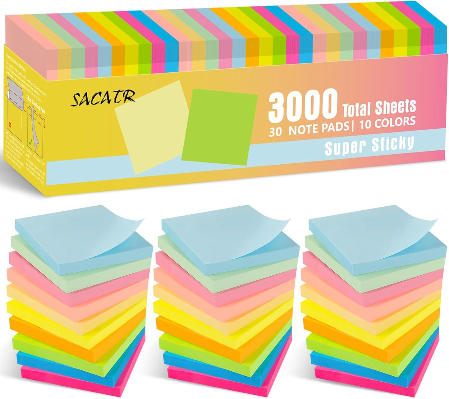 SACATR 30 Pads Sticky Notes, Sticky Note Pads 3x3 inches, 10 Bright Color Sticky Notes,Self-Stick Note Pads, Perfect for Office Home School(100 Sheet/Pad)