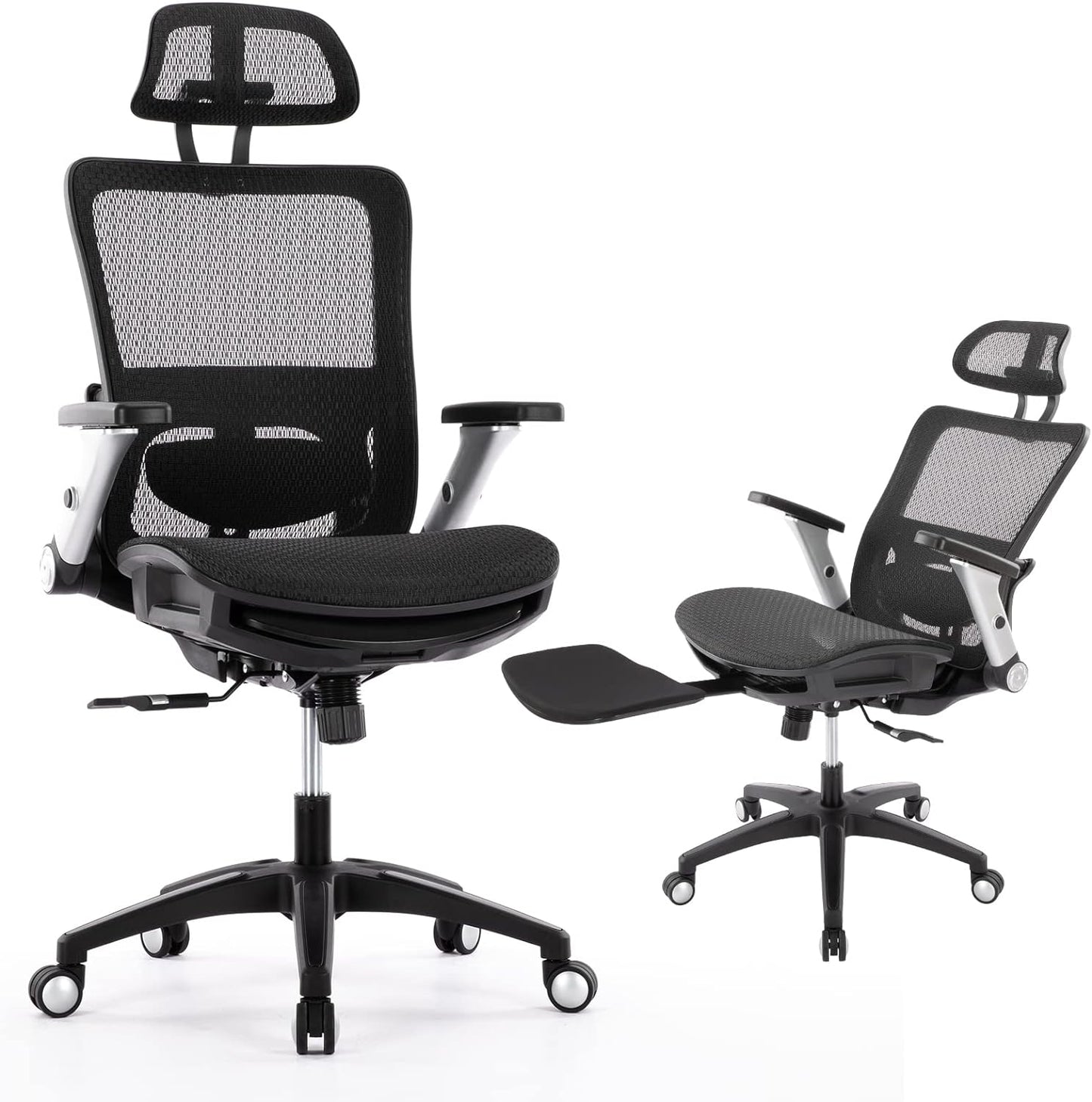 COLAMY Ergonomic Mesh Office Chair with Footrest, High Back Computer Executive Desk Chair with Headrest and 4D Flip-up Armrests, Adjustable Tilt Lock and Lumbar Support-Black