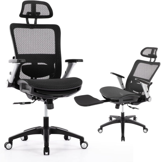 COLAMY Ergonomic Mesh Office Chair with Footrest, High Back Computer Executive Desk Chair with Headrest and 4D Flip-up Armrests, Adjustable Tilt Lock and Lumbar Support-Black