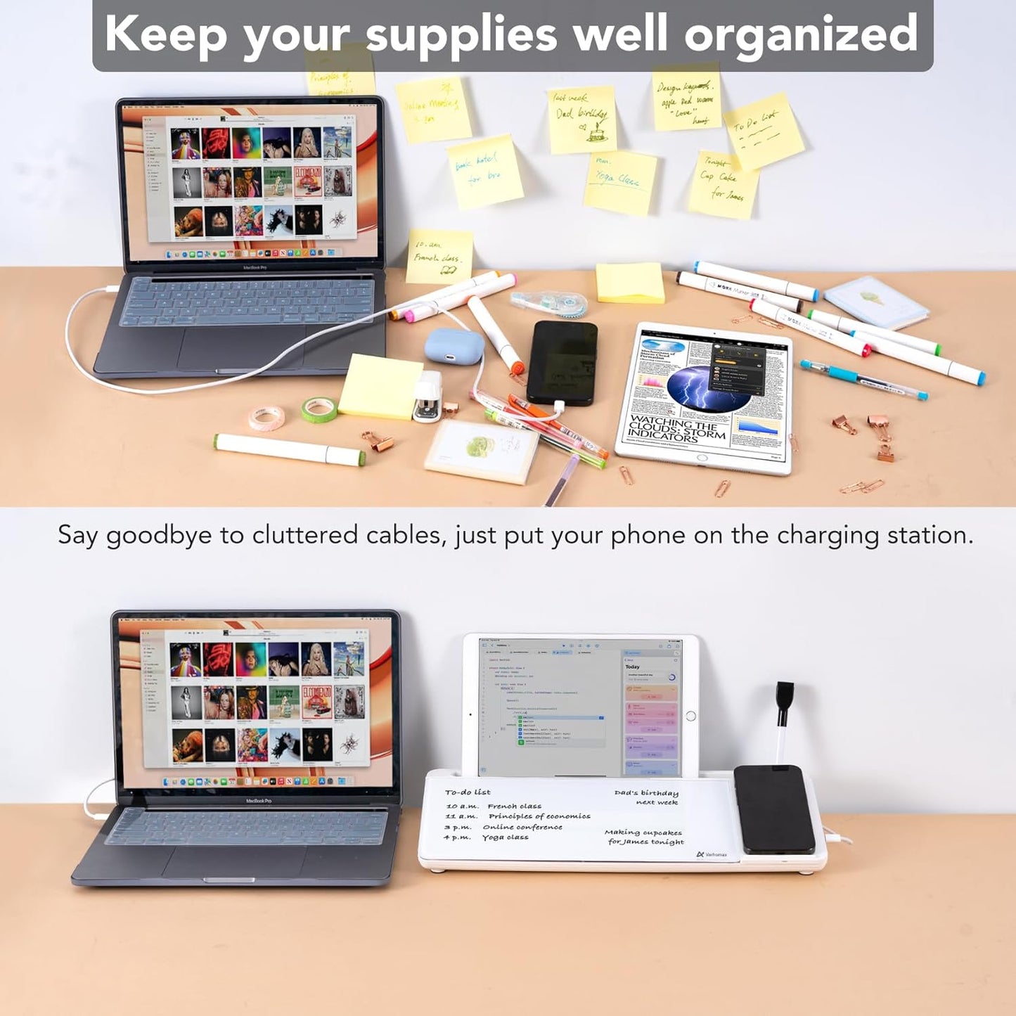 Varhomax Glass Desk Whiteboard with Wireless Charger, Desktop Dry Erase White Board with Storage, to Do List Memo Notepad for Home and Office