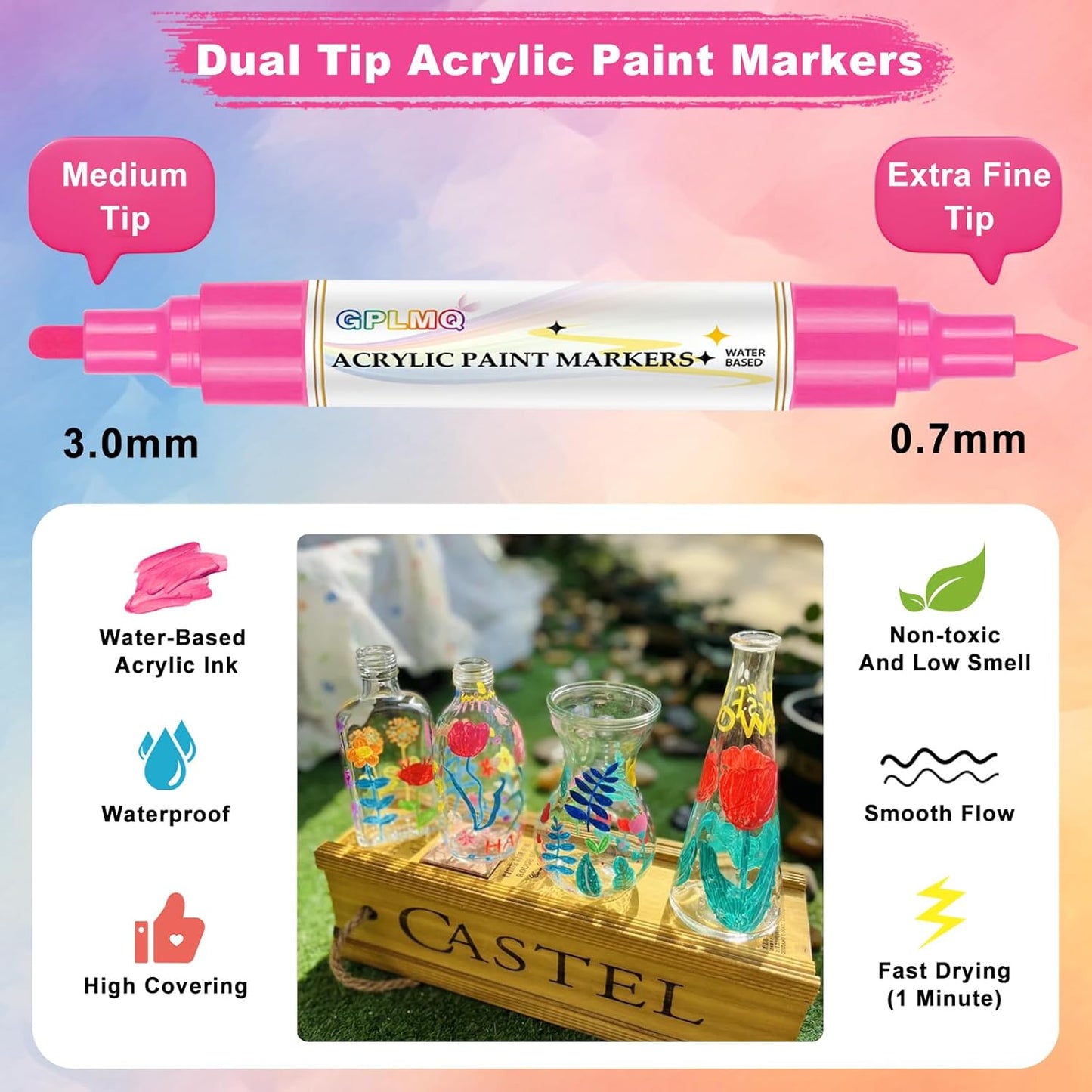 Paint Markers Paint Pens - 2 Pack Dual Tip Acrylic Permanent Marker (0.7mm & 3mm), Non-Toxic, Water-Based for Art Painting, Stone, Ceramic, Glass, Wood, Fabric, Metal, DIY Crafts (Pink)