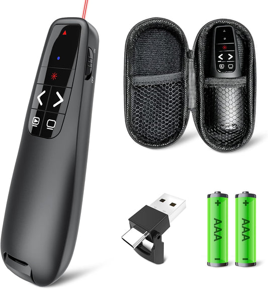 Presentation Clicker with Case Storage: Wireless Presenter Remote: Red Laser Pointer Computer Clickers, USB C PowerPoint PPT Clicker for Mac Laptop, Slideshow Google Slide Advancer