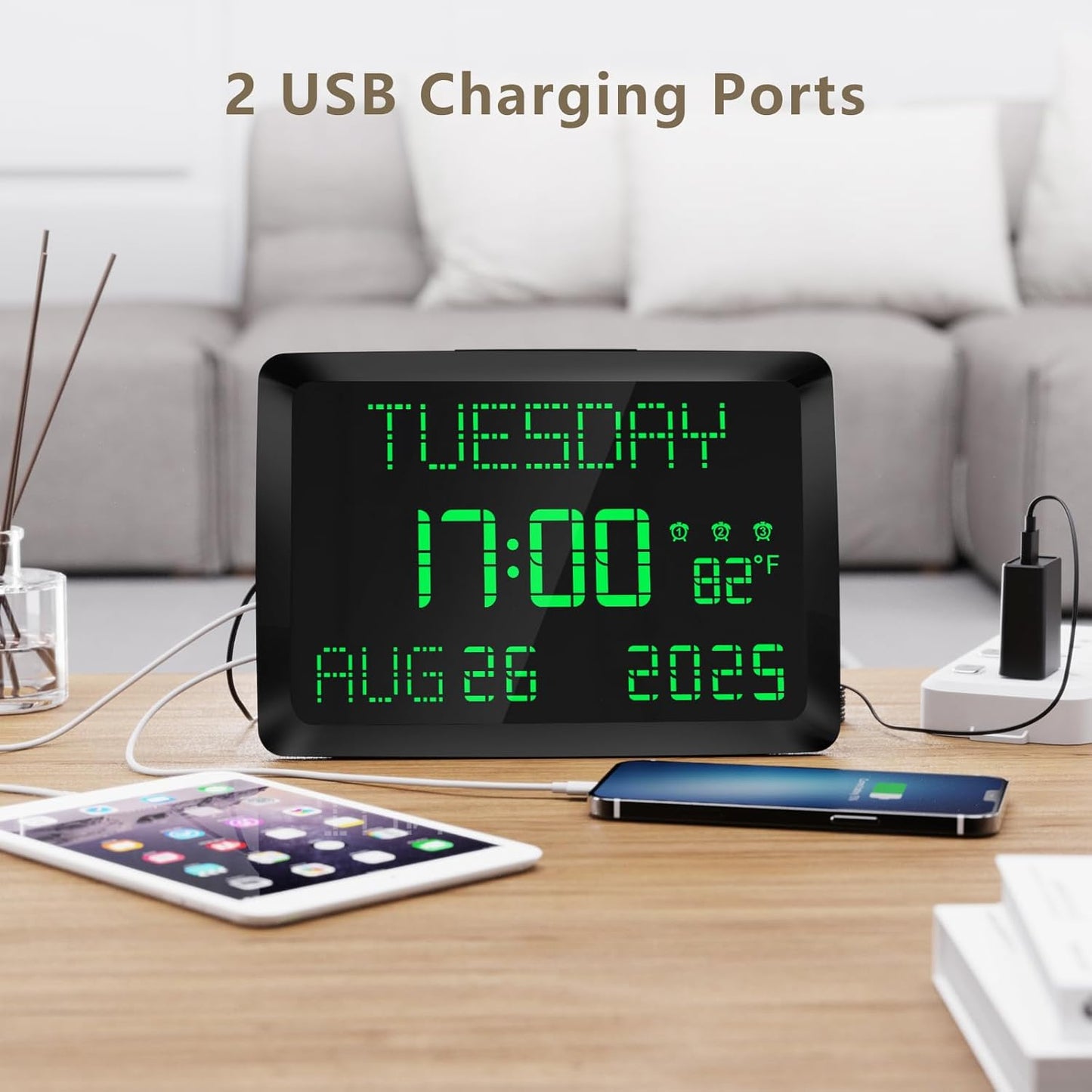 Raynic Day Clock, 11.5" Large Display Calendar Clock with Day and Date, Indoor Temperature, Adjustable Brightness, Snooze,12/24H, DST for Home, Office, Elderly