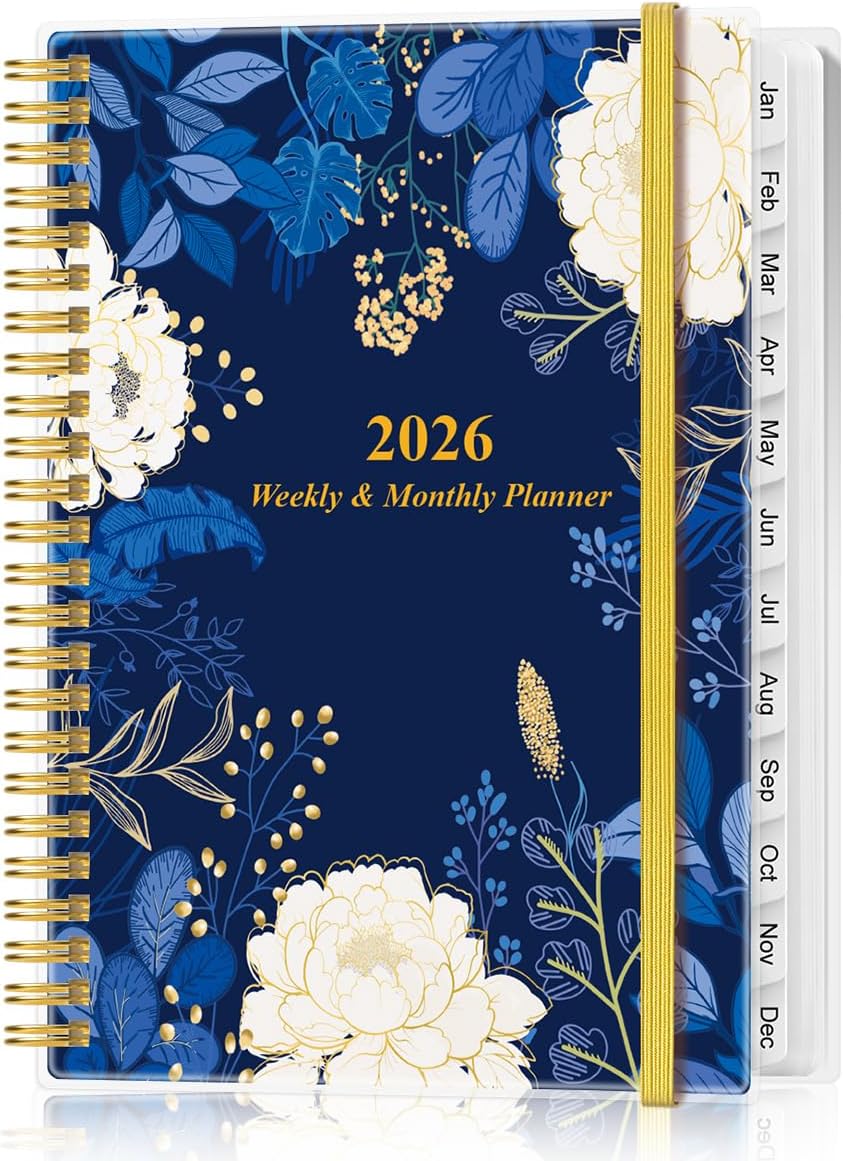 2026 Planner - Planner 2026 from January 2026 - December 2026, Weekly & Monthly Planner Spiral Bound with 12 Monthly Tabs, Inner Pocket, 6.4" x 8.5", Blue Flower