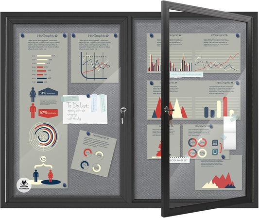 Weatherproof Enclosed Bulletin Board 44x32 Inch, Lockable Wall-Mounted Outdoor Grey Felt Noticeboard, Aluminum Frame Weather-Resistant Display Case for Office, School, Community