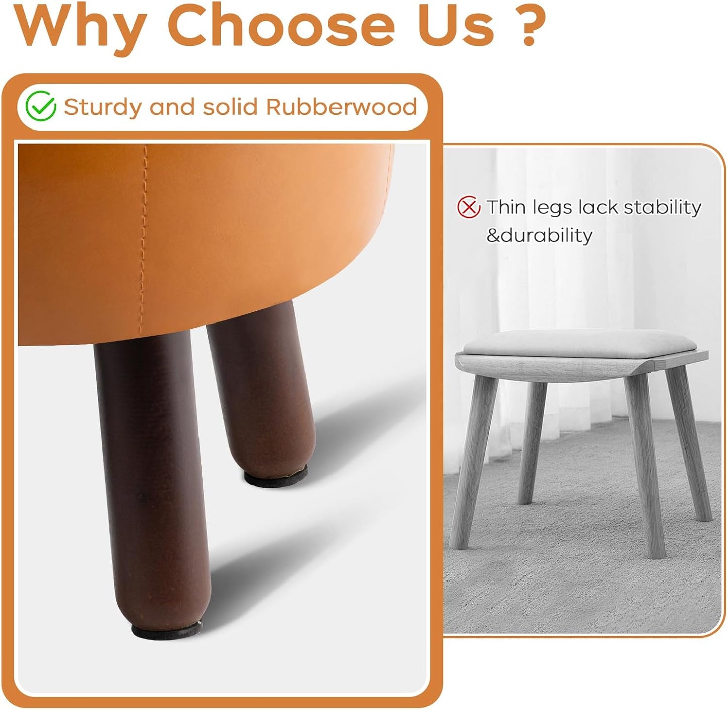 Small Foot Stool Ottoman, Round Pouf Foot Rest, Footstool Ottomans with Rubber Legs Under Desk, Faux Leather Footrest for Couch, Living Room, Bedroom, Hallway, Office, 13''L x 13''W x 10.2''H