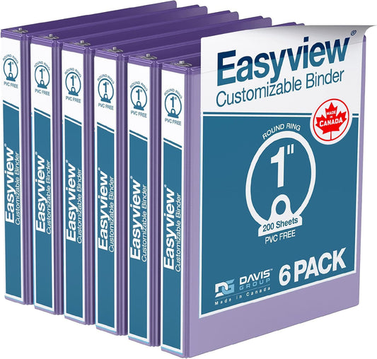 Easyview Premium 3-Ring Binders with Clear-View Covers and Round Rings, Binders for School or Office, 1 Inch, Pack of 6, Purple