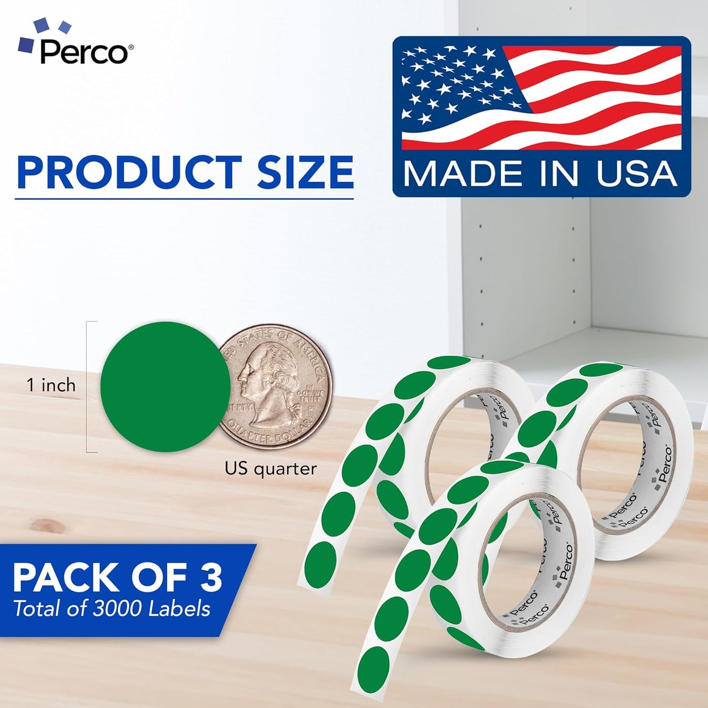 Perco Green 1-Inch Round Circle Dot Sticker Labels - Multi-Roll Pack (3 Rolls, 1,000 Labels Each) - Permanent Adhesive, Vibrant Colors, Strong Hold - Perforated for Easy Use - Made in USA