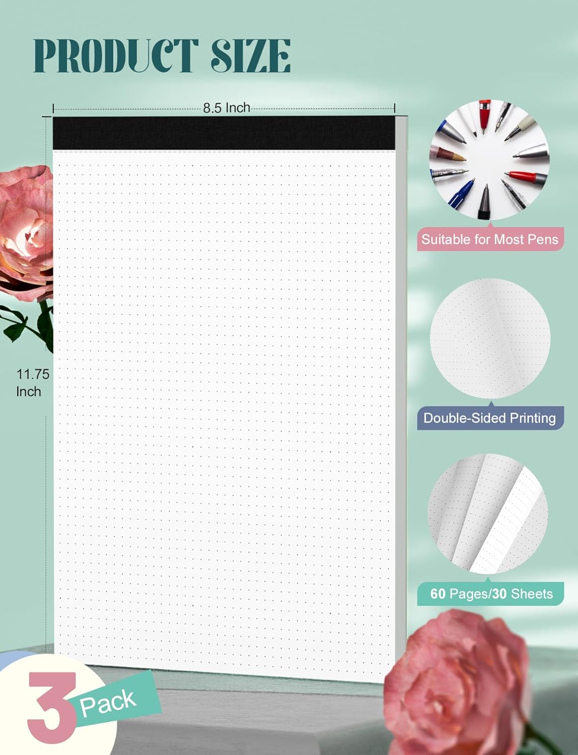 Dotted Journal Notepads 8-1/2 x 11, 3 Pack, Dot Journal Paper 8.5 x 11, Letter Size Large, Dotted Grid Note Pad for Planning Journaling, 70 GSM Pads of Paper, 1/5" Dots Writing Notes, 30 Sheets/Pad