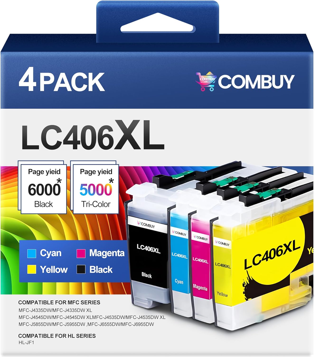 LC406XL Ink Cartridges High Yield Compatible for Brother LC406 Ink Cartridges LC406XL use with Brother MFC-J4335DW MFC-J4535DW MFC-J5855DW MFC-J6555DW Printer (Black Cyan Magenta Yellow 4 Pack)
