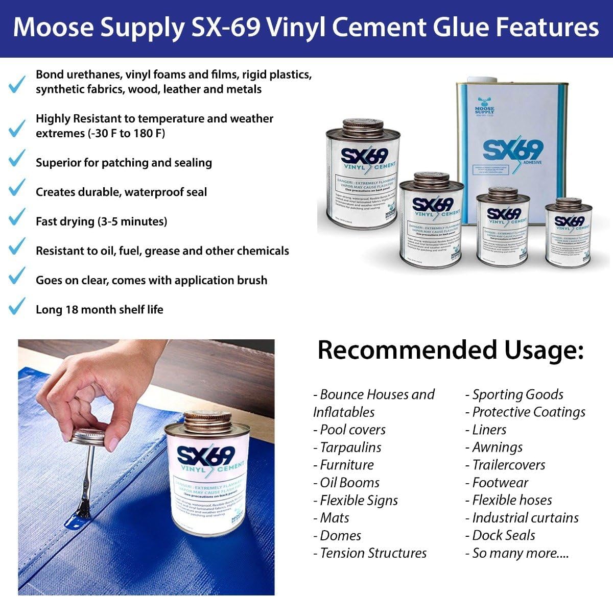 SX-69 Vinyl Repair Kit | Inflatable Bounce House Repair Kit | Includes 4 Ounce Adhesive and Vinyl Roll | for Flexible, Waterproof Repairs of Tears, Punctures, and Holes