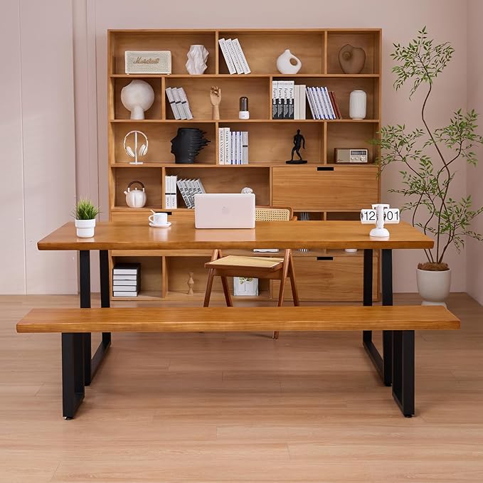 "Durable Solid Wood Top Bench with Sturdy Metal Legs – Versatile Dining & Office Seating - Multi-Size Options Ideal for Living Room, Dining Room, and Home Office" (dark yellowbench, 78.74in)