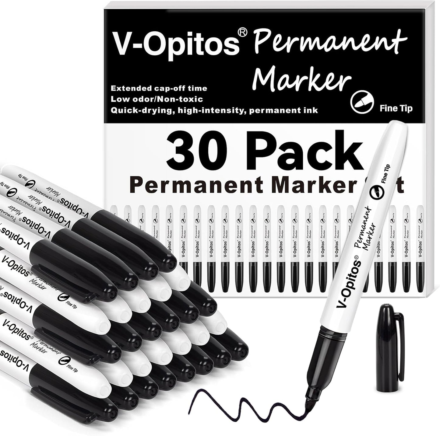 V-Opitos 30 Pack Black Permanent Markers, Bulk Fine Point Waterproof Markers Pens, Durable, Quick-Drying Marker, Ideal Stationery Supplies for Schools, Homes and Offices