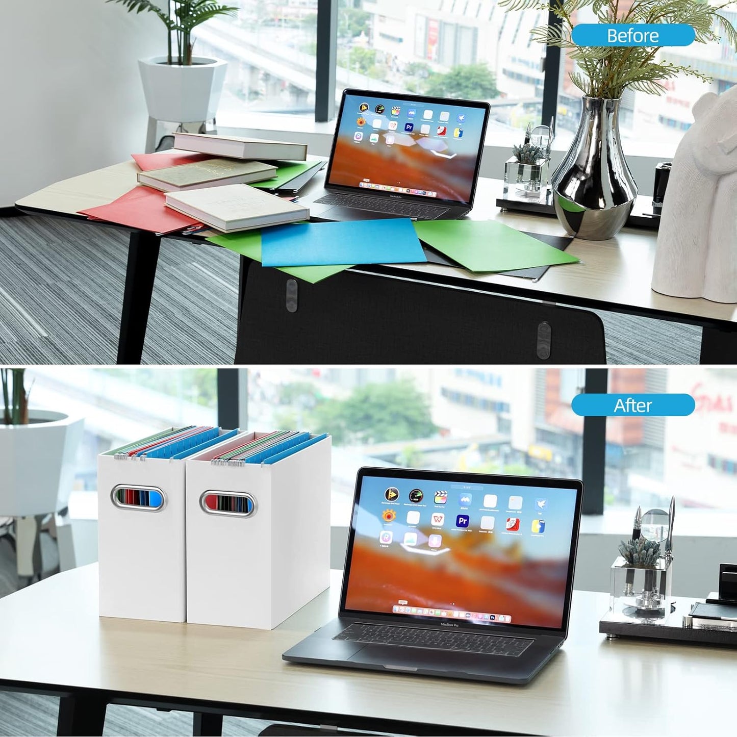 Oterri File Organizer, 8 Packs Small Storage Box, Cardboard File Folder Organizer, Collapsible File Box for Hanging File Folders Letter Size, Portable Filing Organizer with Handle (White