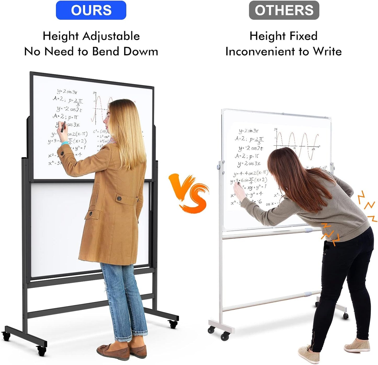 Double-Sided White Board on Wheels, 48x60 Inch (4'x5') Large Magnetic Mobile Dry Erase Board, Height Adjustable Stand Rolling Whiteboard for Office, Classroom, Home School Use, Black