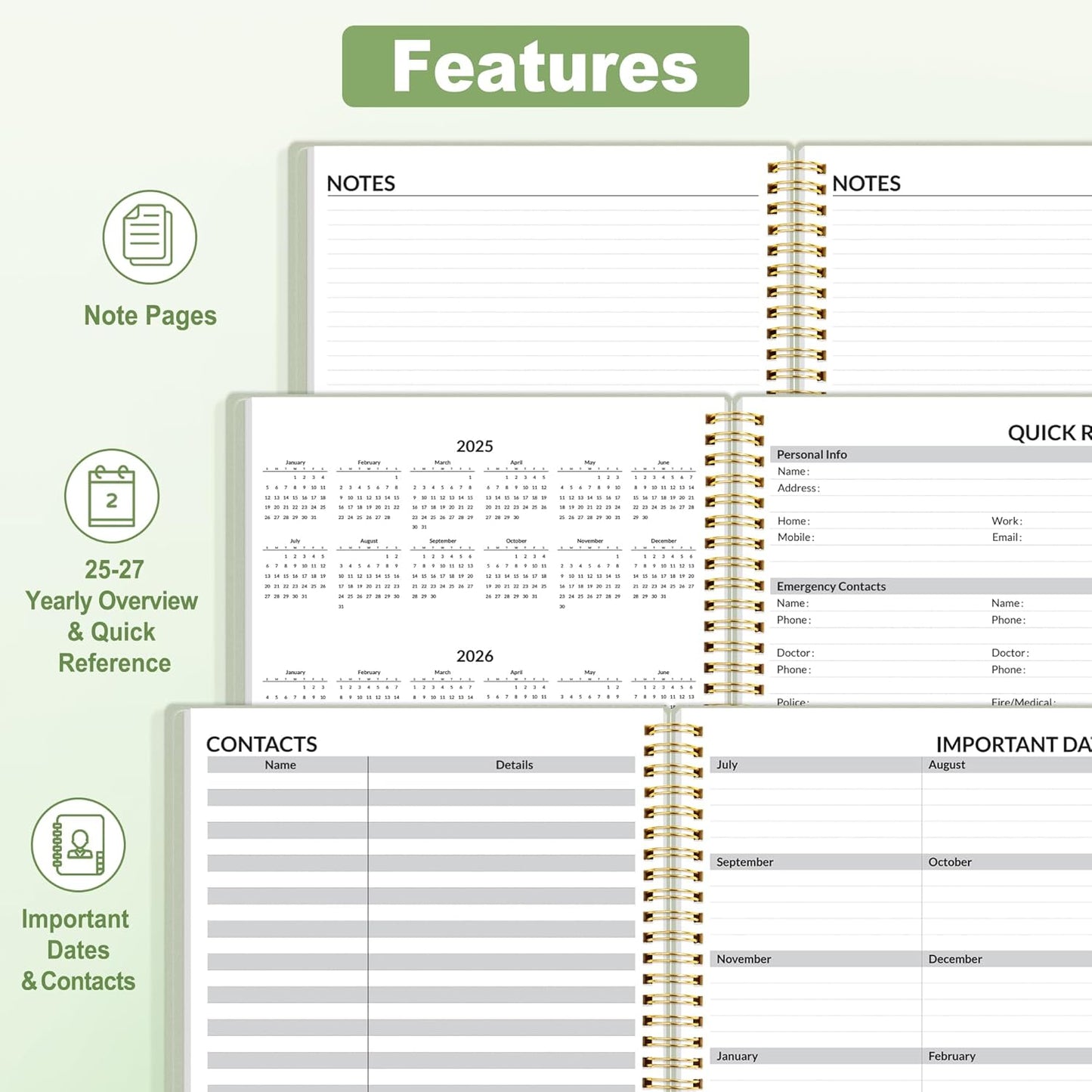SUNEE 2025-2026 Appointment Book, Quarter-Hourly, Weekly & Monthly - from July 2025 to June 2026, 8.5"x11" Academic Planner, Flexible Cover, Note Pages, Pockets, Bookmark, Spiral Binding, Sage Green