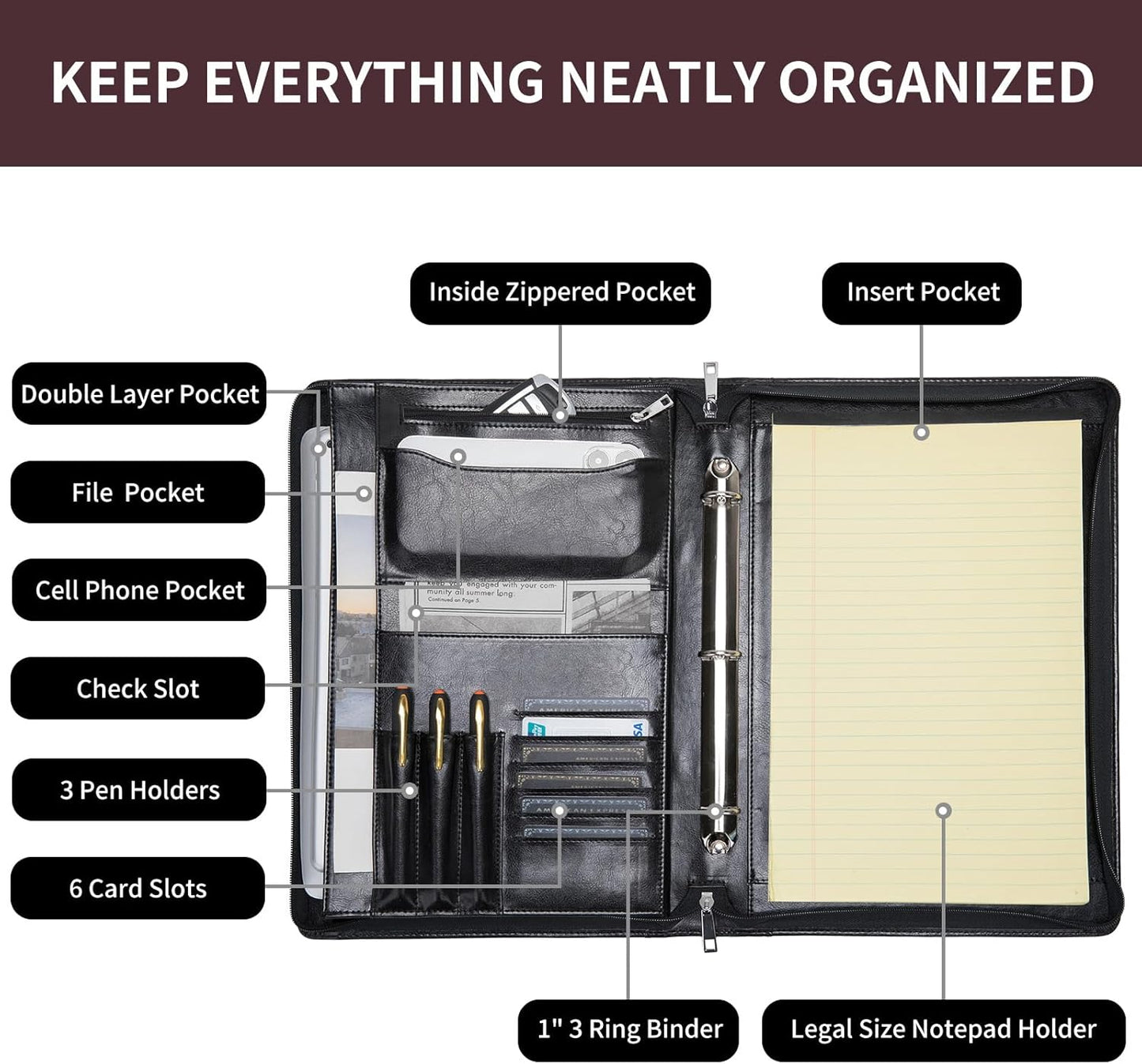 Vegan Leather 3 Ring Binder Portfolio, 8.5 x 14 Legal Size Pad Holder, Hidden Handle, Zippered Padfolio with 15” Laptop Organizer, Professional Business Folio for Men Women, Black