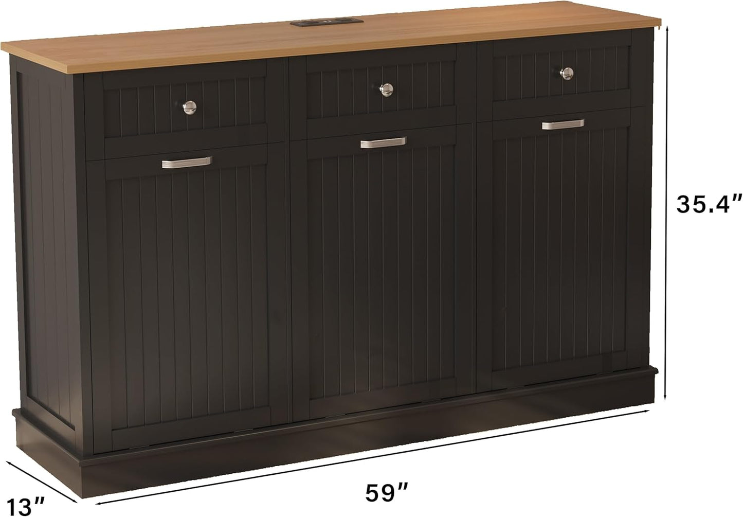 30 Gallon Tilt Out Trash Cabinet, Wooden Kitchen Trash Can Cabinet with Hideaway Drawer, Freestanding Laundry Hamper Garbage Recycling Cabinet on Wheels, Pet Proof, Triple, Black