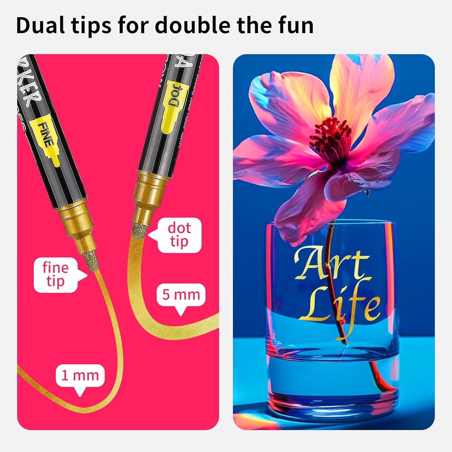 NAWOD 3 Gold Acrylic Paint Pens Markers, Dual Tip (Fine 1mm + Dot 5mm), for Rock Painting Fabric Canvas Glass Wood Ceramic Paper Eggs, Fabric Marker Ideal for Labeling DIY Crafts Art Projects