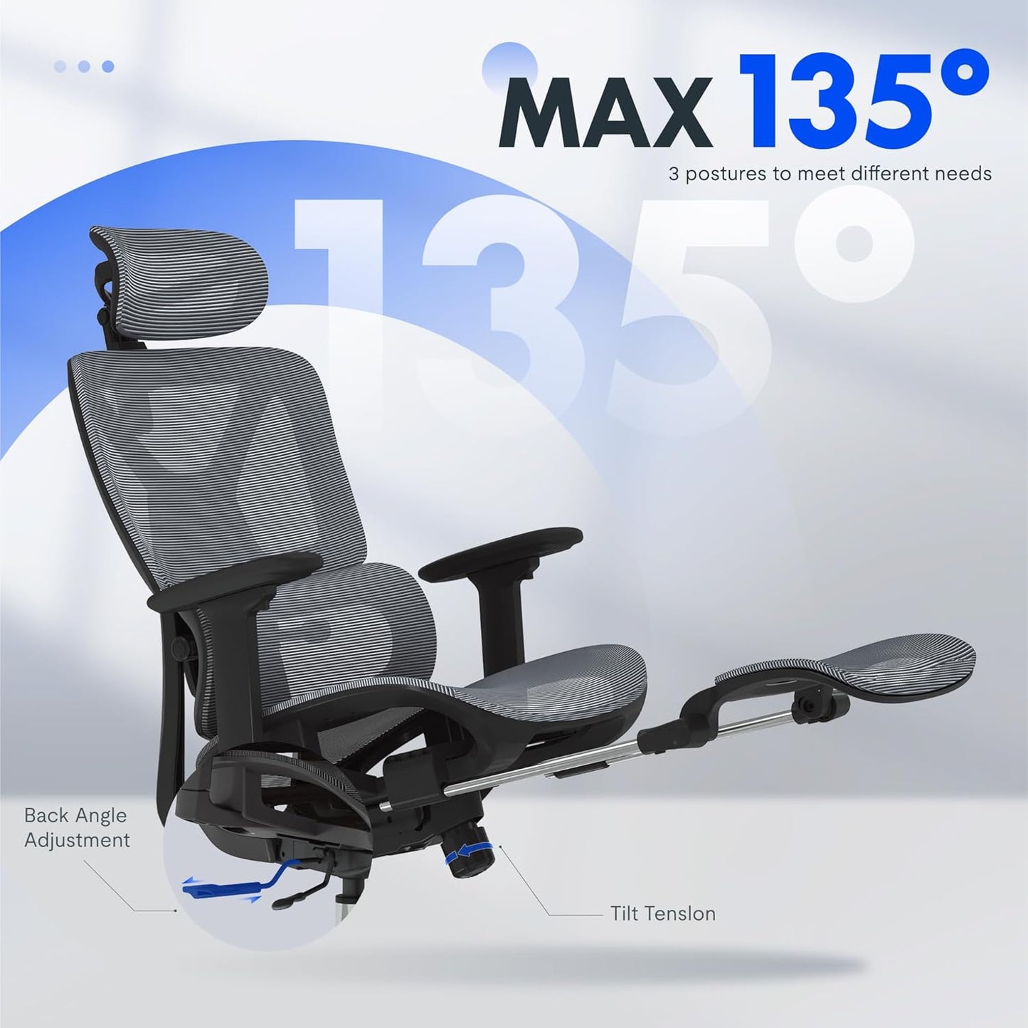 FLEXISPOT ErgoX Premium Ergonomic Office Chair with Footrest- Adjustable 3D Armrests, Dynamic Lumbar Support, Recline & Tilt Function, Mesh Seat, for Home & Office Use,Dark Grey