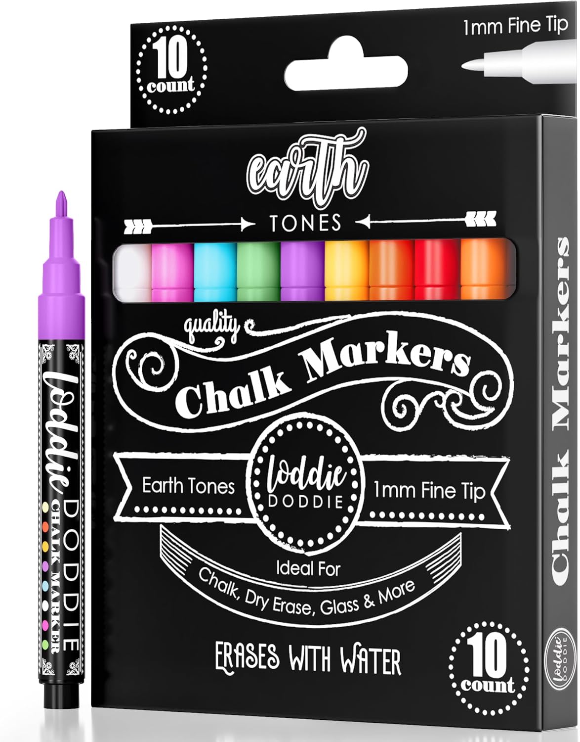 Loddie Doddie Fine Liquid Chalk Markers (10-Count) - Erasable Earth Tones Chalk Markers & Pens for Chalkboard & Blackboard
