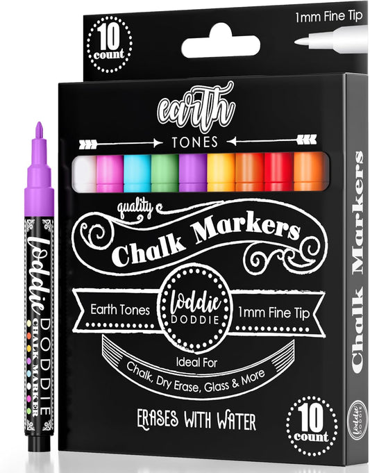 Loddie Doddie Fine Liquid Chalk Markers (10-Count) - Erasable Earth Tones Chalk Markers & Pens for Chalkboard & Blackboard