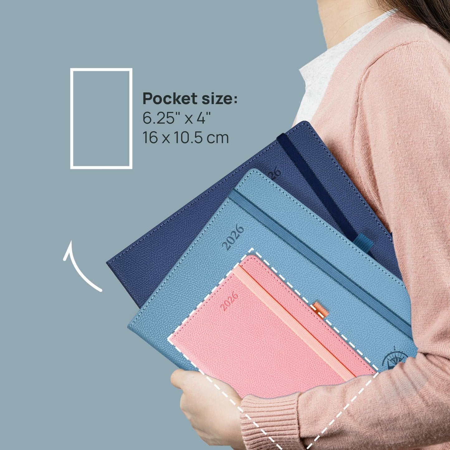 POPRUN Weekly Planner 2026 Calendar (Pocket 4'' x 6.25'') 12 Months Notebook with Horizontal Layout, Leather Hardcover, Inner Pocket, 100GSM Thick Paper, Pen Holder - Pacific Green