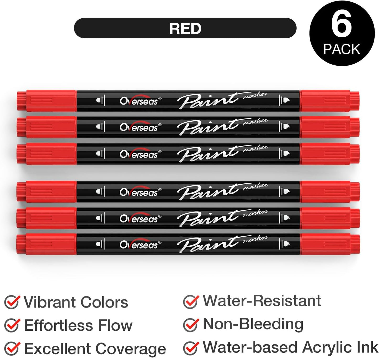 Overseas Red Acrylic Paint Markers, 6 Pack Dual Tip Paint Pens Acrylic Markers - Dot and Brush Tip Coloring Marker for Wood, Rock, Canvas, Glass, Metal, Plastic, Rubber, Fabric, School Supplies