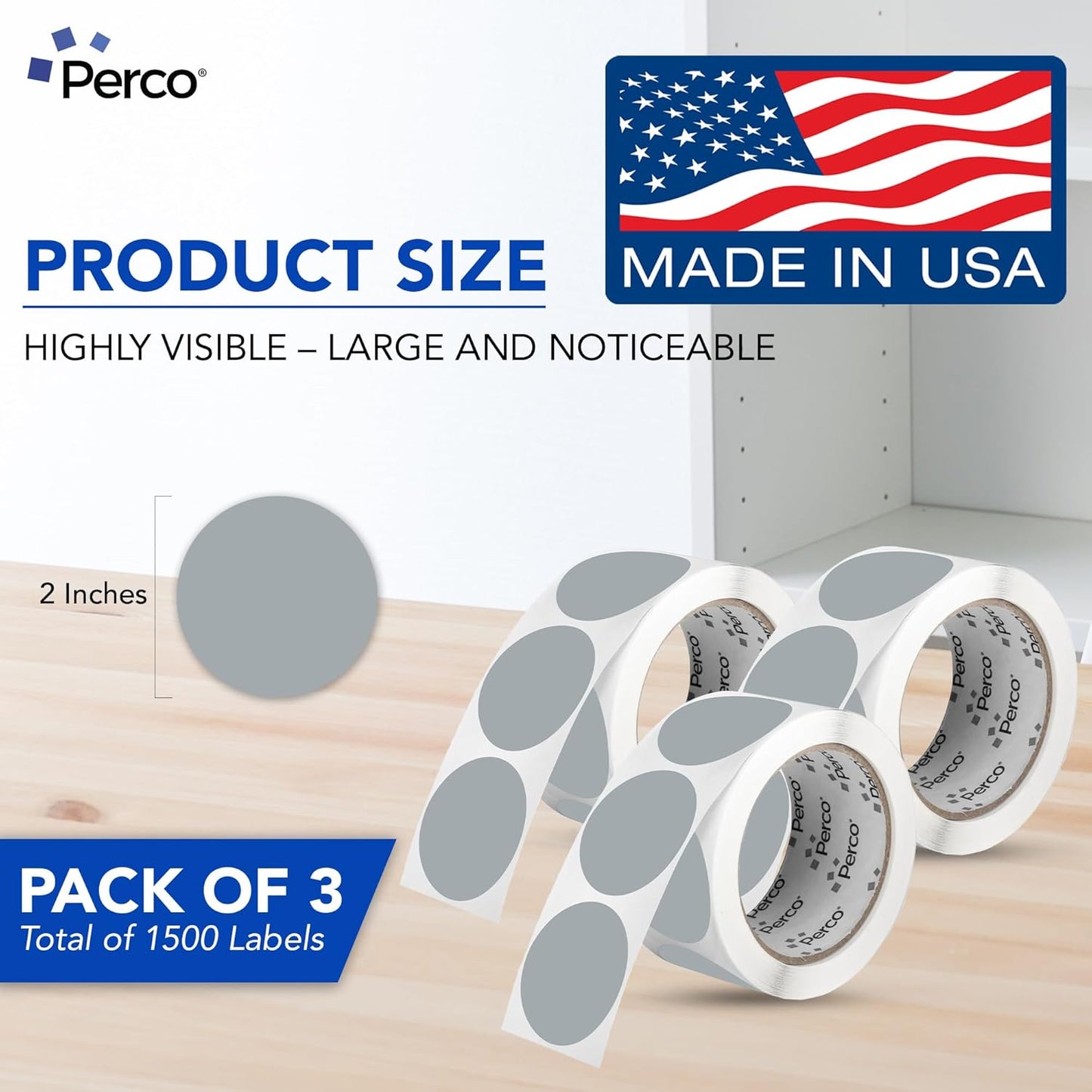 Perco Grey 2-Inch Round Circle Dot Sticker Labels - Multi-Roll Pack (3 Rolls, 500 Labels Each) - Permanent Adhesive, Vibrant Colors, Strong Hold - Perforated for Easy Use - Made in USA
