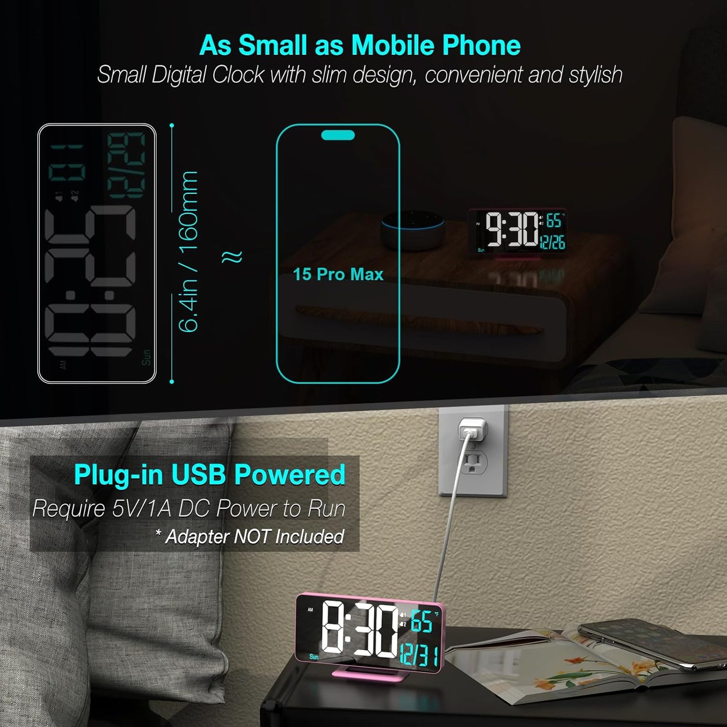 Pink Digital Clock for Bedroom 6.7in Dual Alarm Clock with Dimming, 12/24h, Seconds, Date, Day of Week, Temp, Desk Clock, LED Clock for Table Decor, Digital Calendar Table Clocks for Bedrooms KOSUMOSU