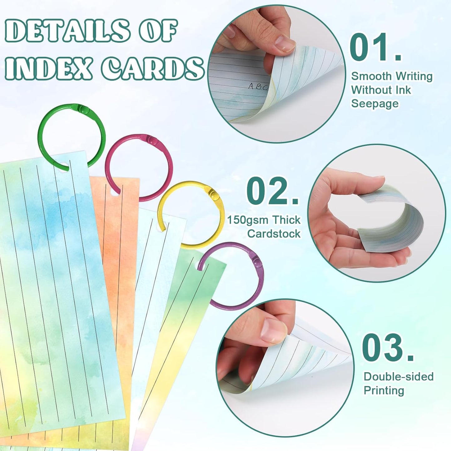 1000 PCS Colored Index Cards with Hole Lined Flash Cards with Binder Rings Watercolor Notecards with Rings 3x5 Study Cards Flashcards for Home School Office Supplies